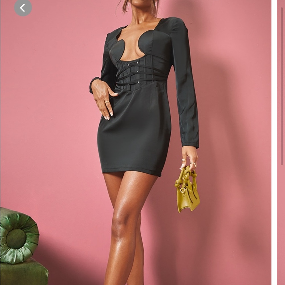 Black Cup Detail Lace Up Bodice Long Sleeve Bodycon dress